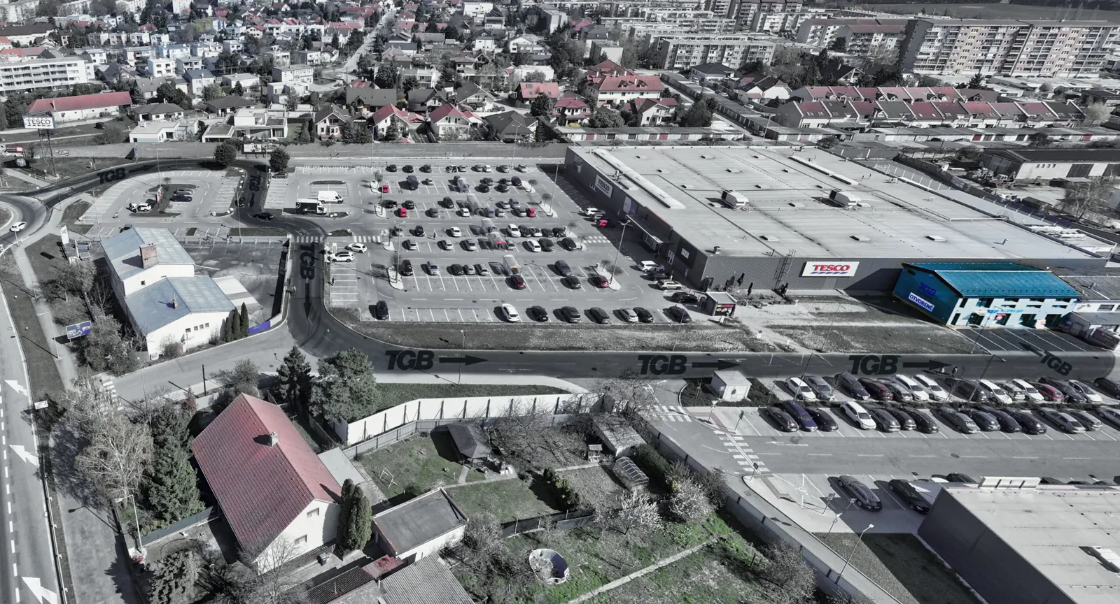 Aerial view of the X-park area in Senec with the TGB building