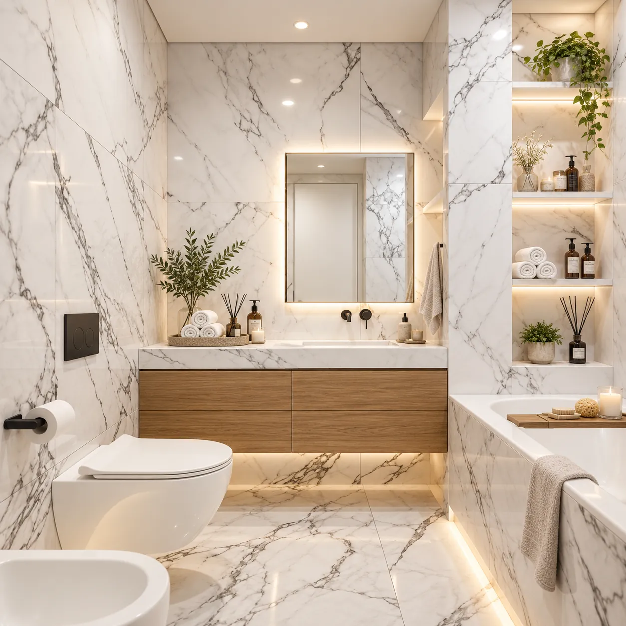 3D visualisation of a bathroom with marble-effect tiles and oak-effect furniture