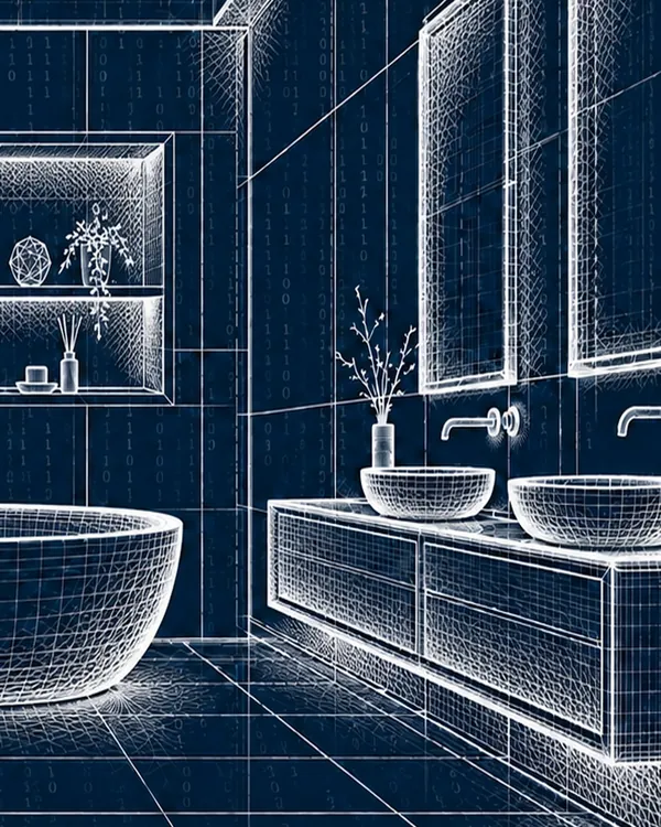 Drôtený 3D model kúpeľne s vaňou, dvojumývadlom a podsvietenou nikou